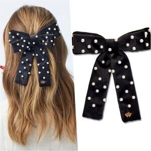 Lele Sadoughi Pearl Velvet Bow Barrette Black NWT